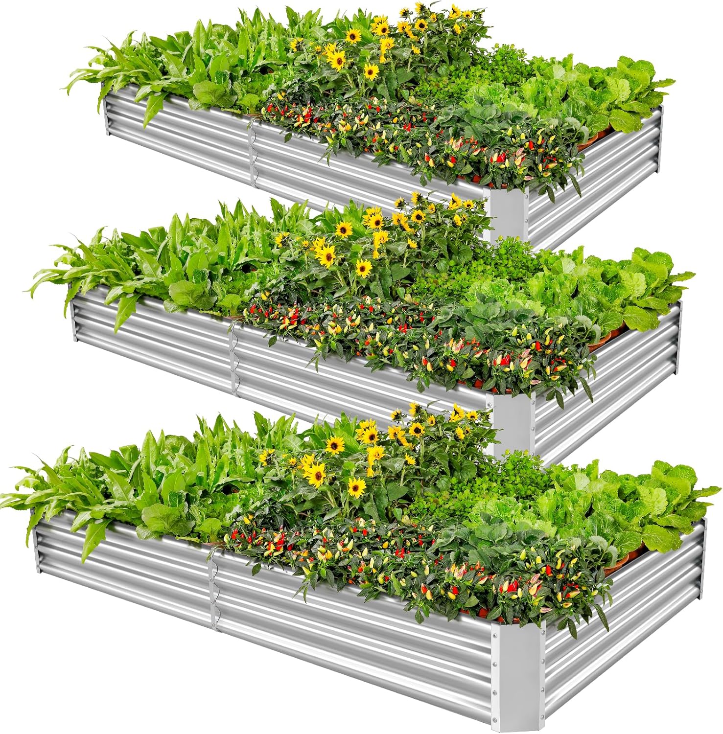 Land Guard 3 Pack 8×4×1ft Galvanized Metal Raised Garden Bed, Metal Planter Kit Box Outdoor for Deep-Rooted Vegetables, Flowers, Green and Herbs, Silver