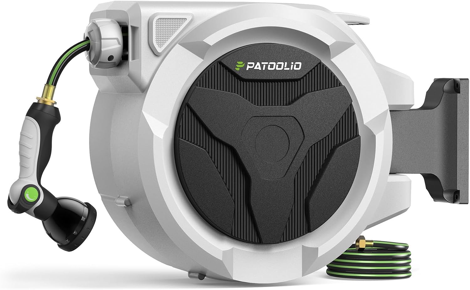 Retractable Garden Hose Reel 100ft, 1/2'' Wall Mounted Water Hose Reel Heavy Duty with 10 Pattern Nozzle, Slow Auto Rewind, Any Length Lock, 180° Swivel Bracket