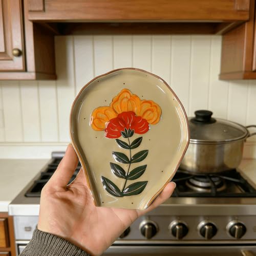 Vintage Ceramic Spoon Rest for Stove Top, Hand-Painted Floral spatula rest | Unique Cute coffee Spoon Holder & Cooking Utensil Rest, jewelry Tray, Country Kitchen Decor Accessories, Gift for Home