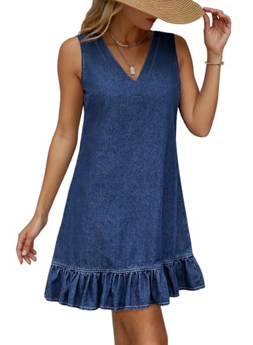 Summer Dresses for Women 2026 Denim Dress Sleeveless V Neck Ruffle Hem Ladies Elegant Classy Womens Dresses Casual Party Wedding Guest Short Cowboy Jean Dresses Plus Size Dirty Blue Medium