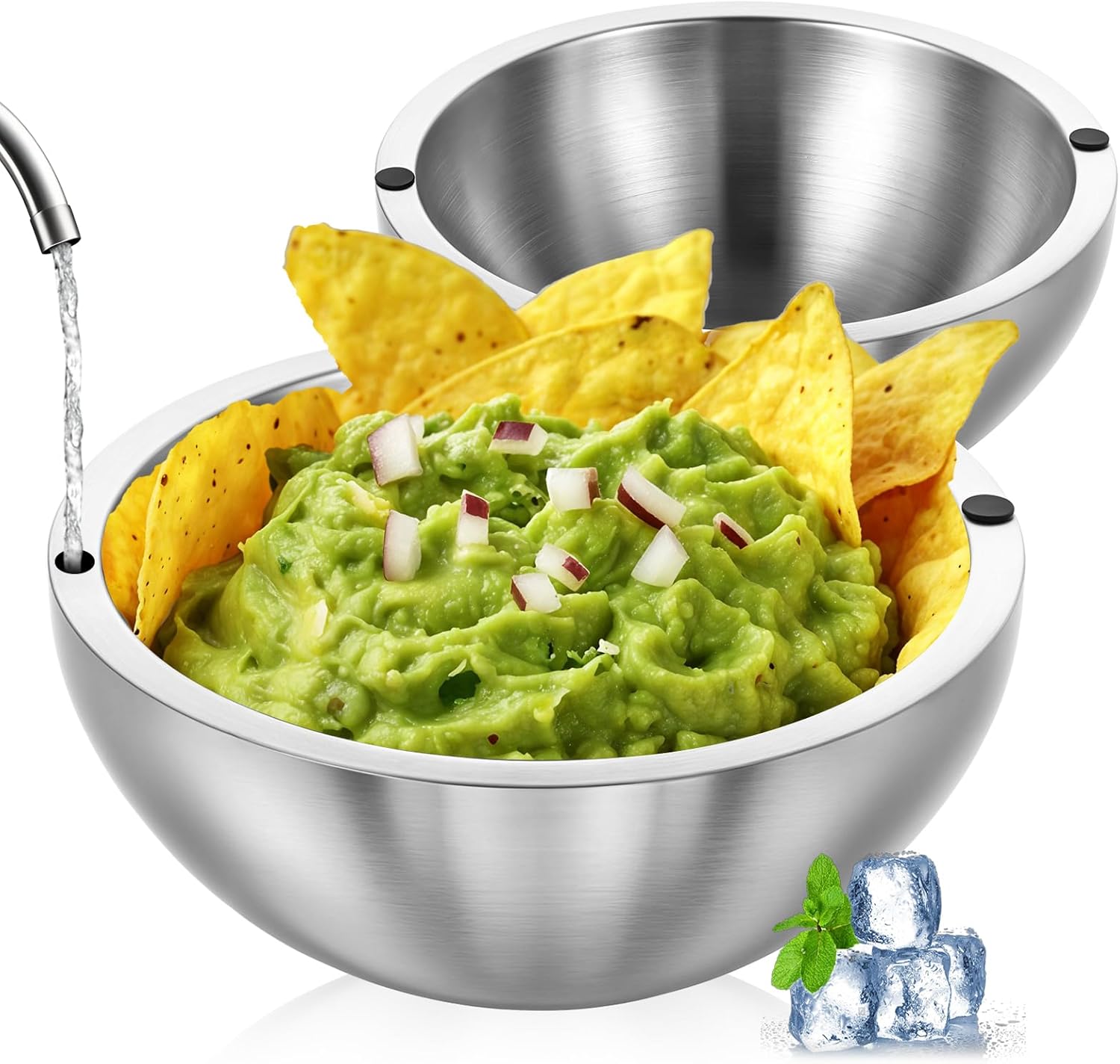 Dip Bowl,Large Heat Insulated Stainless Steel Bowls Ideal for Guacamole Salsa,Double Walled Insulated Cold or Hot Serving Bowl for Parties outdoor(2,70 oz+35 oz)