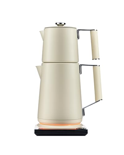 Saki Turkish Tea Maker Machine Pro, Electric Double Teapot, 1.75 L, White | Stainless Steel Kettle & Teapot, No Plastic Touches Water, 6 Brew Presets, 120 min Keep-Warm, Magnetic Infuser, 1500W
