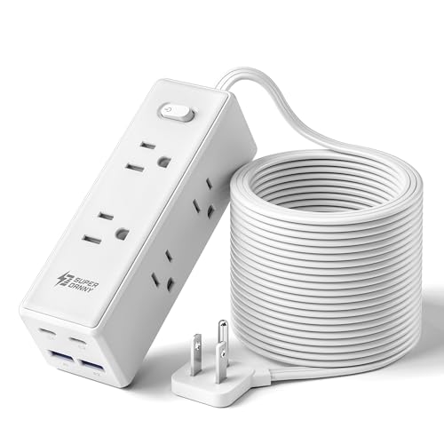 SUPERDANNY 15Ft Extension Cord with Multiple Outlets, Flat Plug Power Strip | Long Extension Cord with 6 Outlets, 4 USB Ports(2 USB C), Surge Protector for Home, Office Supplies, Dorm Essentials, White