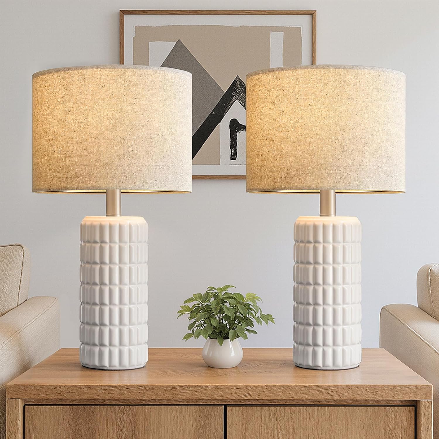 Seealle 23" Modern Ceramic Table Lamps Set of 2, Lamps for Bedroom, White