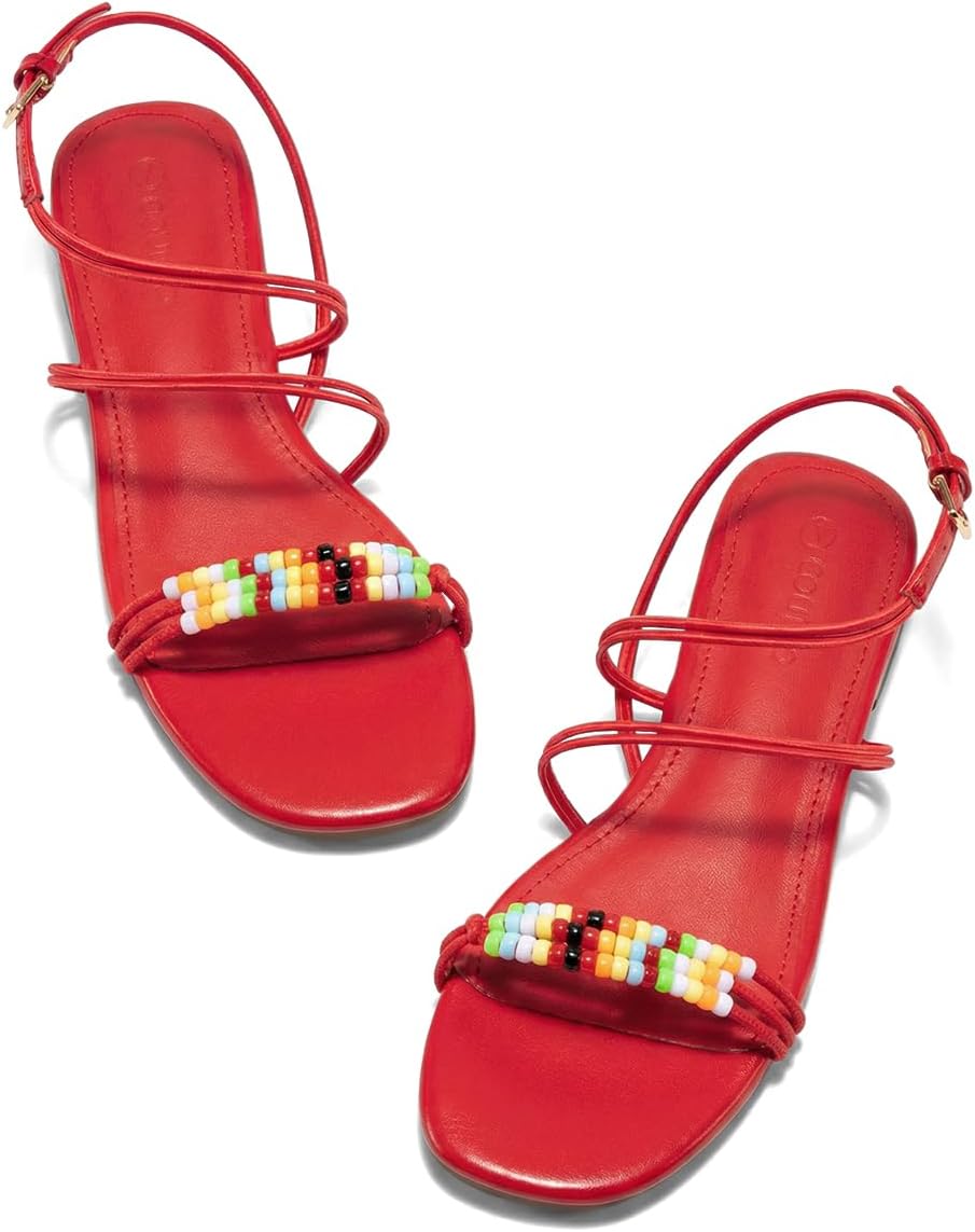 Coutgo Womens Strappy Flat Sandals Open Toe Lace Up Beaded Gladiator Flats Ankle Strap Summer Beach Shoes, Red, Size 8.5