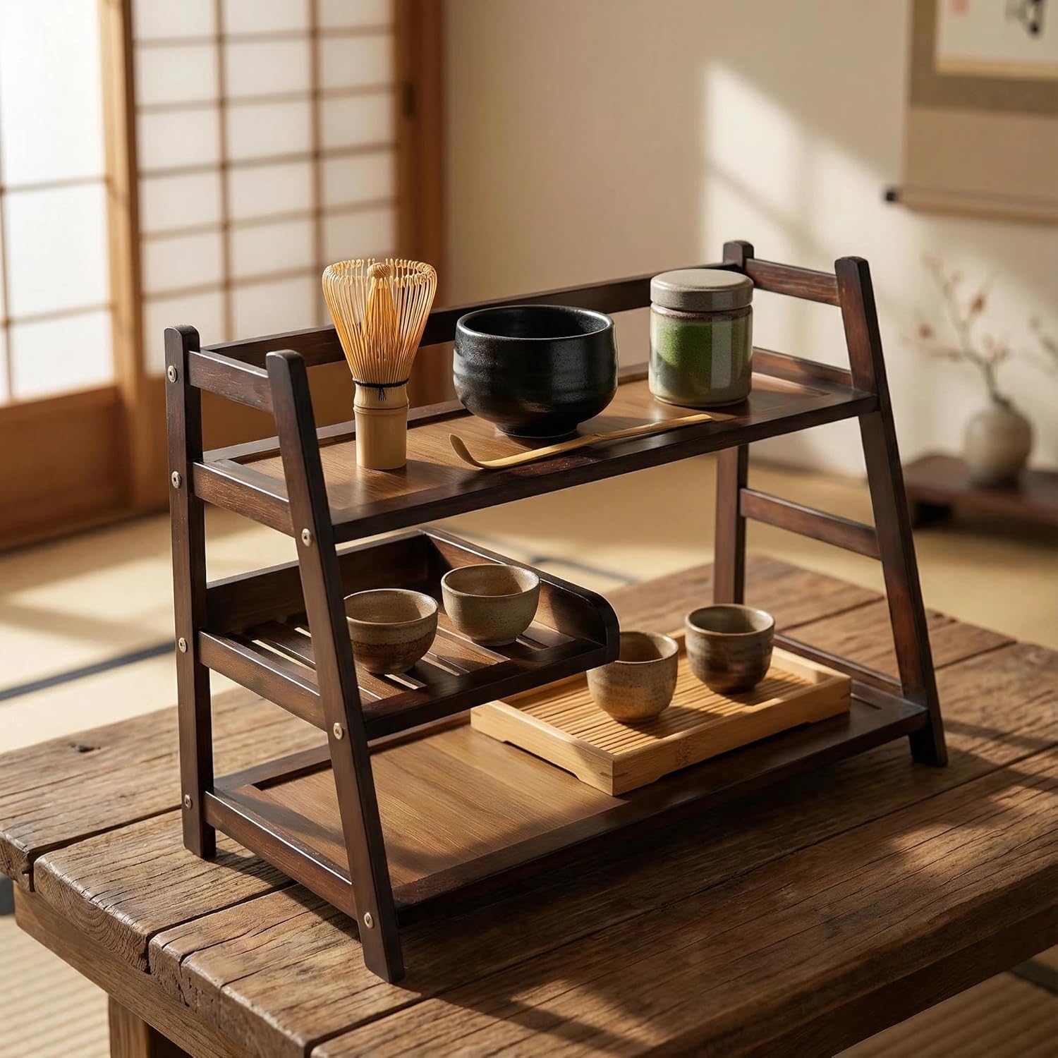 3 Tier Bamboo Matcha Station, coffee station organizer Shelf with Drawer for Kitchen Countertop, Tea Bar - Matcha Powder, Tools & Cup Organizer for Matcha Lovers, Home Baristas.