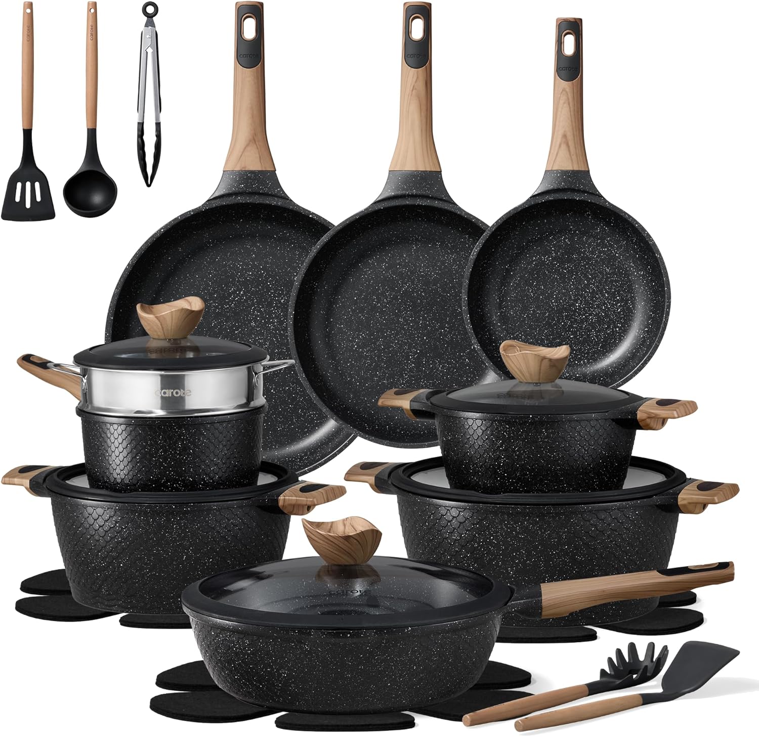 26PCS Pots and Pans Set Non Stick, Cookware Set Pots and Pans Induction Cook Ware, Nonstick Kitchen Cooking, PFOA Free, Black