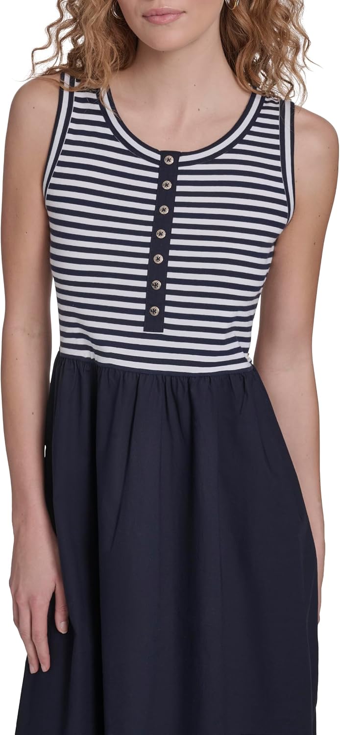 Nautica Women's Sleeveless Midi Mixed Media Striped Dress, Night Sky/Bright White, Medium