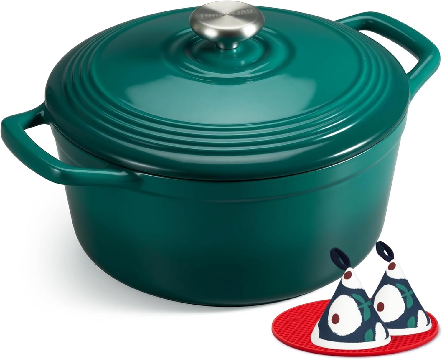 Enameled Cast Iron Dutch Oven - 5.5QT Pot with Lid Cookbook & Cotton Potholders - Heavy-Duty Cookware for Braising, Stews, Roasting, Sourdough Baking Bottle green