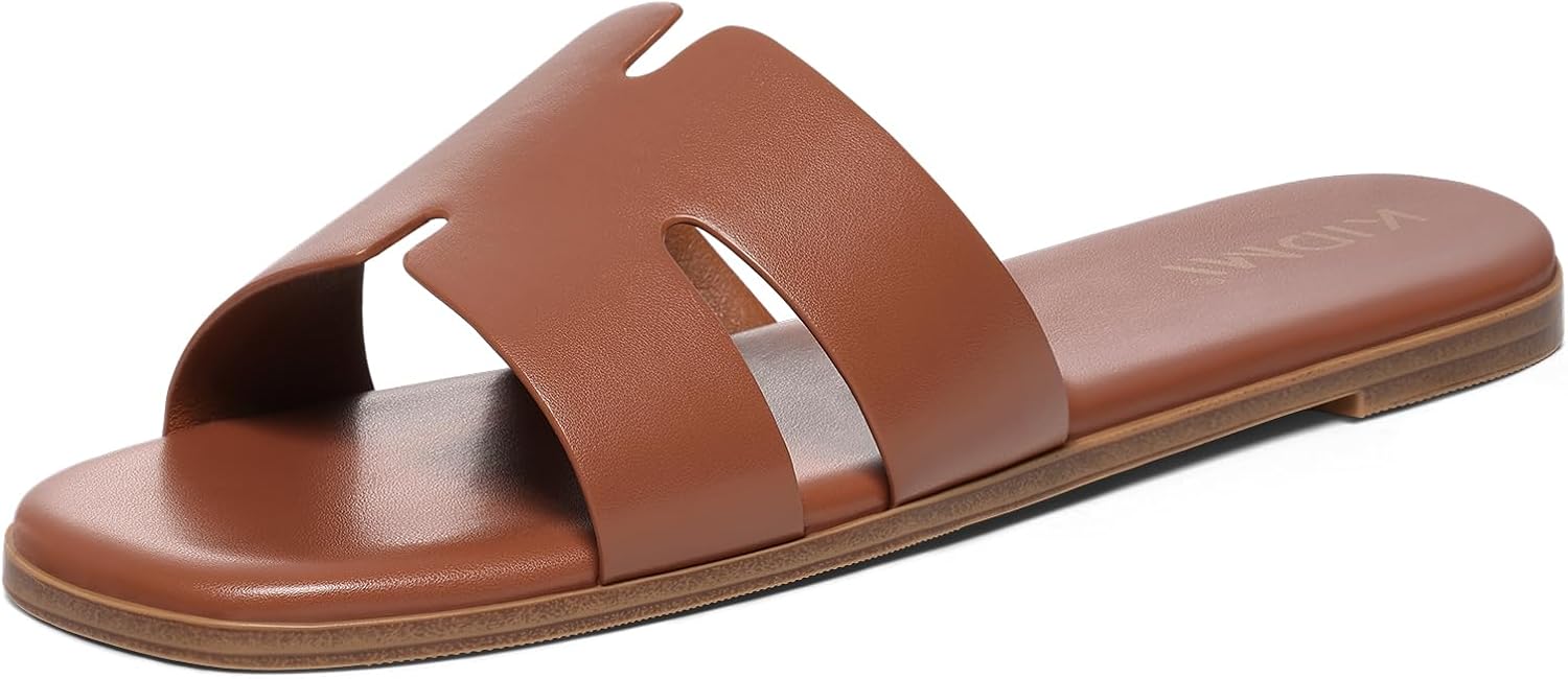 KIDMI Women's Dressy Flat Sandals, Comfortable Slip On Summer Slides, Fashion Open Toe Casual Sandals, Brown 8