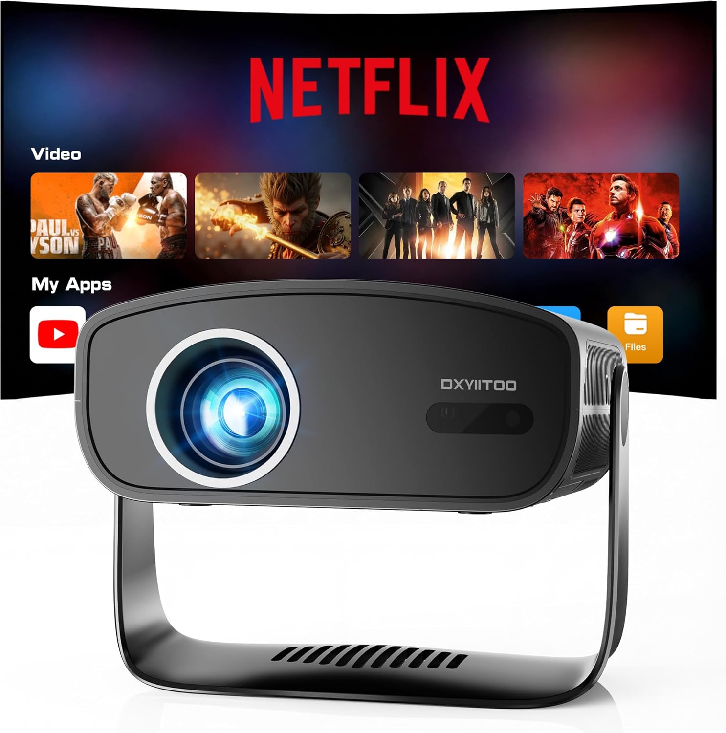 【Compatible with Netflix & Native 1080P】Smart Projector with WiFi and Bluetooth, 4K Support Home Movie Projector, Auto Focus & Keystone Portable Outdoor Projector, Wireless Proyector for Bedroom,Black