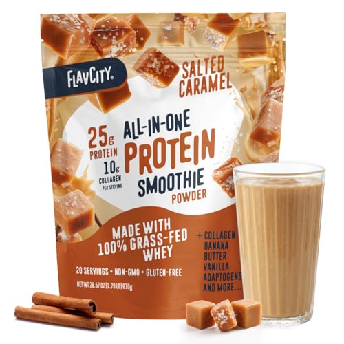 FlavCity All in One Protein Shake Powder, Salted Caramel - On the Go Meal Alternative + Collagen Peptides, Reishi & Cordyceps - Focus, Skin, Hair & Joint Support - 100% Grass Fed Whey, 20 Servings