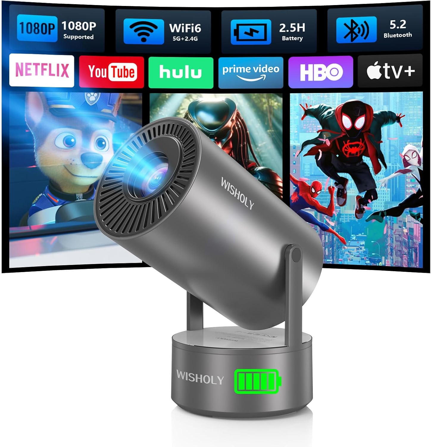 Portable Projector with Built-in Battery for Outdoor & Travel, Mini Projector with WiFi and Bluetooth, 1080P Supported, Electric Focus, Auto Keystone, 210° Rotatable Stand Home Theater( Iron Gray)