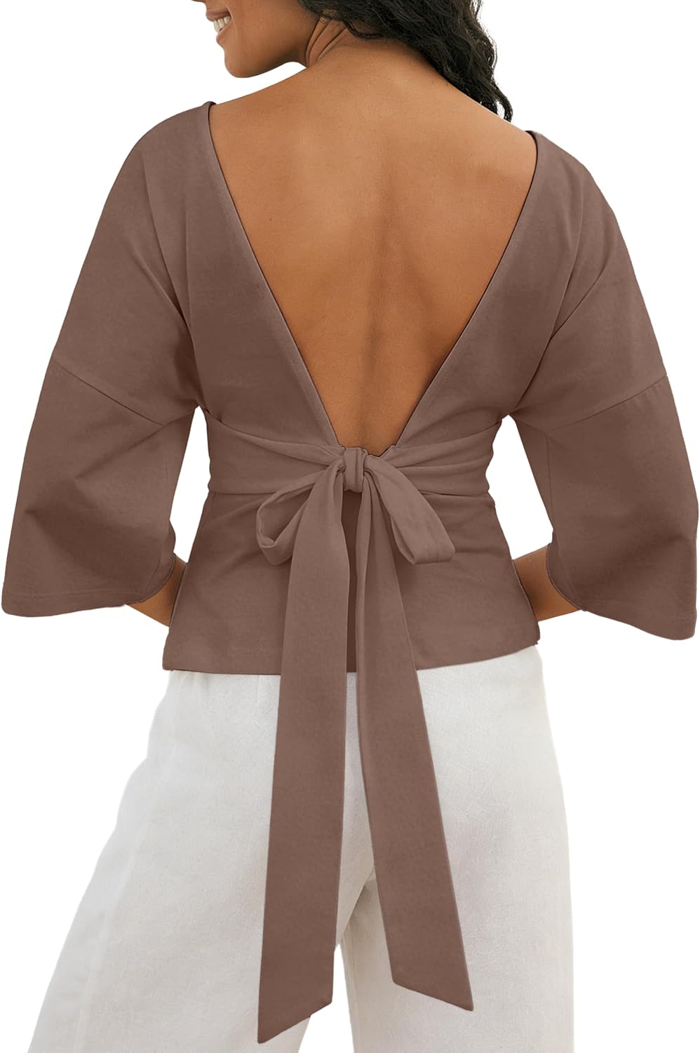GTLIAE Backless Tops for Women Summer Casual Office 3/4 Sleeve Tie Back Blouse Soft Elegant Date Night Shirt(Coffee-M)