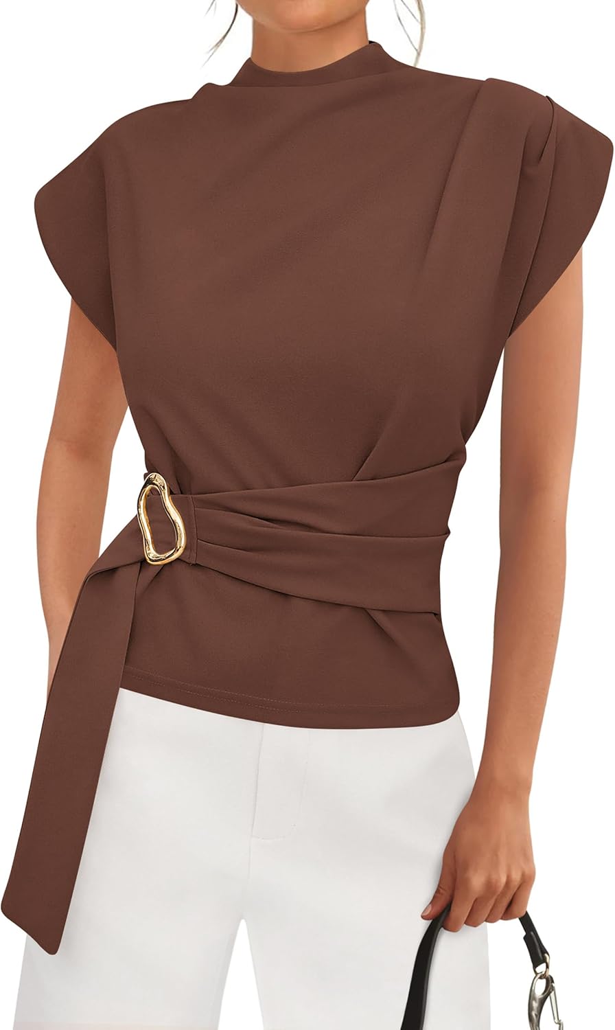 Women Blouses Spring Dressy Cap Sleeve Mock Neck Work Shirts Buckle Tunic Summer Business Casual Tops 2026(Light Brown,Medium)