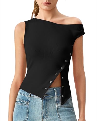 QINSEN Off Shoulder Tops for Women Diagonal Button-up T Shirt Ribbed Y2k Going Out Top Black M