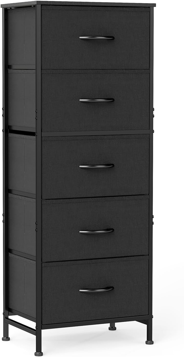 DUMOS 5 Drawers Dresser for Bedroom with Wheels, Fabric Storage Cabinet Organizer with Removable Fabric Bins, Sturdy Steel Frame for Living Room, Office, Entryway, Closets, Black