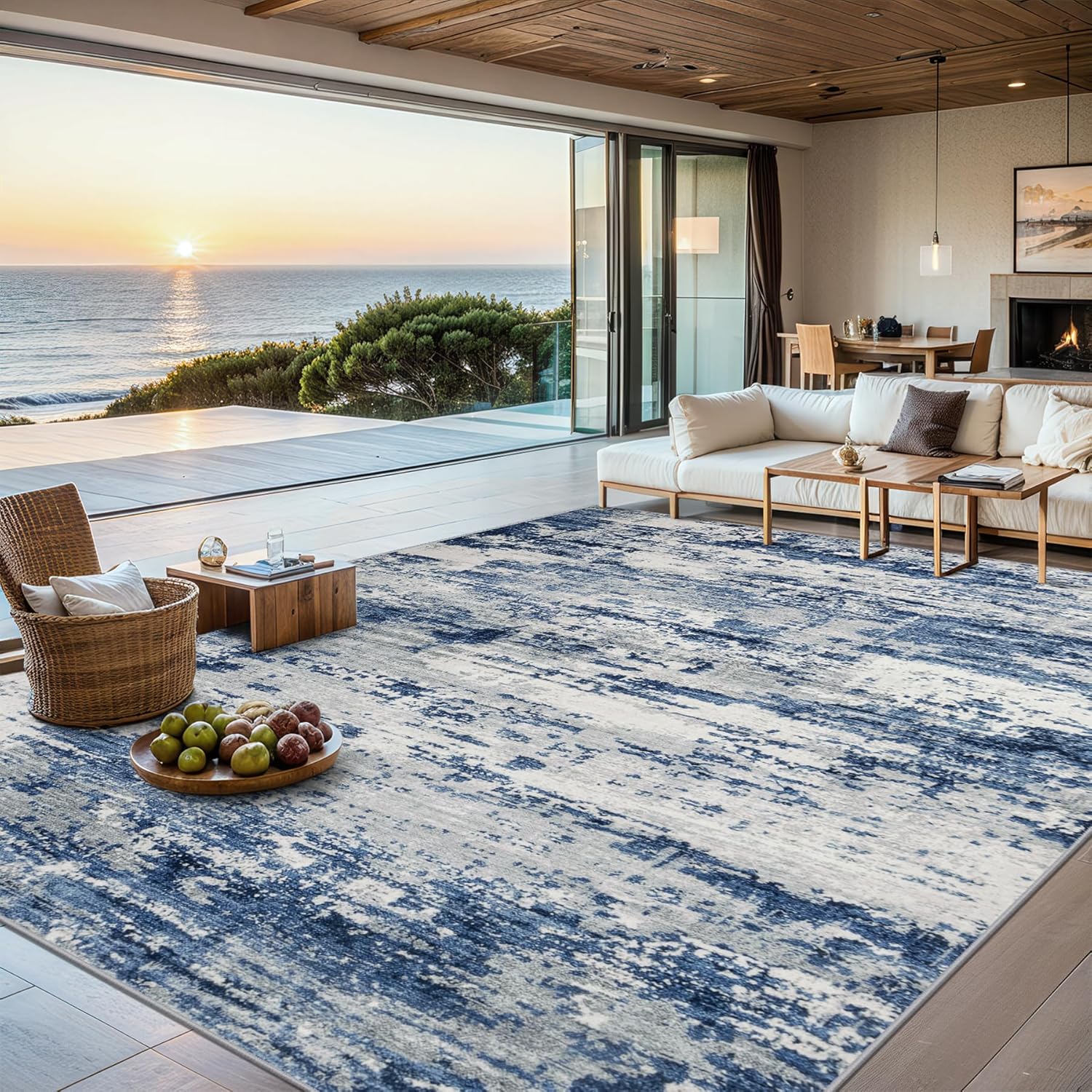 Area Rugs 10x14 Living Room - Washable Rug Modern Abstract Soft Large Neutral Non-Slip Carpet Indoor Floor Thin Carpets for Bedroom Dining Room Farmhouse Nursery Home Office Blue Gray