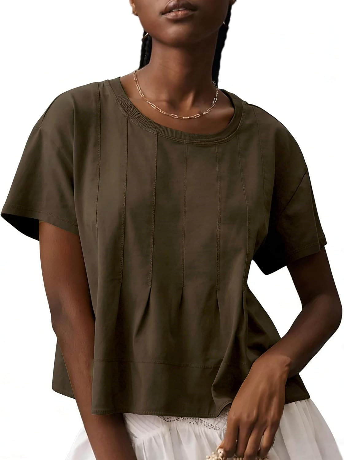 OPCAKM Peplum Babydoll Tops for Women Summer Casual Shirts(Brown-M) | Soft Lightweight,Short Sleeve,Pleated Flowy Tops,Loose Fit for Summer Daily Wear and Outdoor Activities