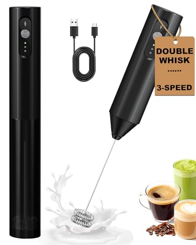 Soenglyun 3-Speed Rechargeable Milk Frother with Cover, Dual Coil Whisk Coffee Frother Handheld - Portable Hand Frother Wand for Coffee Matcha Cappuccino & Hot Chocolate, Kitchen Gift, Black