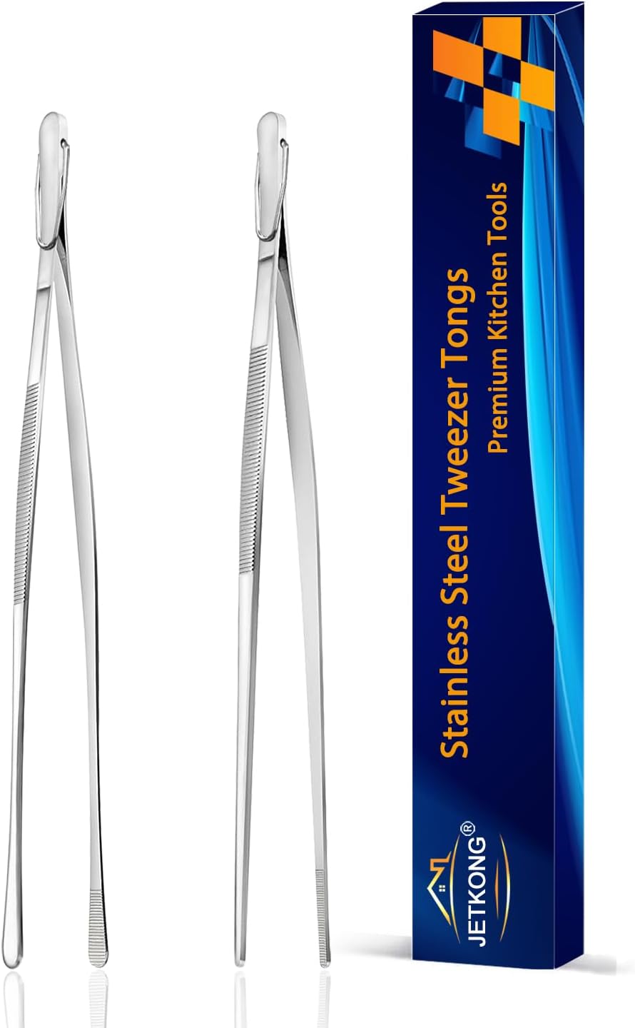 JETKONG 2 Pcs 9-Inch Kitchen Tweezers Cooking Tweezers Stainless Steel Tweezers Tongs (Silver)