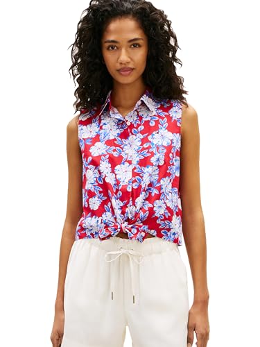 Tommy Hilfiger Women's Poplin Knotted Sleeveless Button Up Shirt, Dense Hibiscus Primary RED Medium