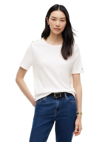 Tommy Hilfiger Women's Ribbed Boxy Crew Neck T-Shirt with Button Detail, Ecru Large