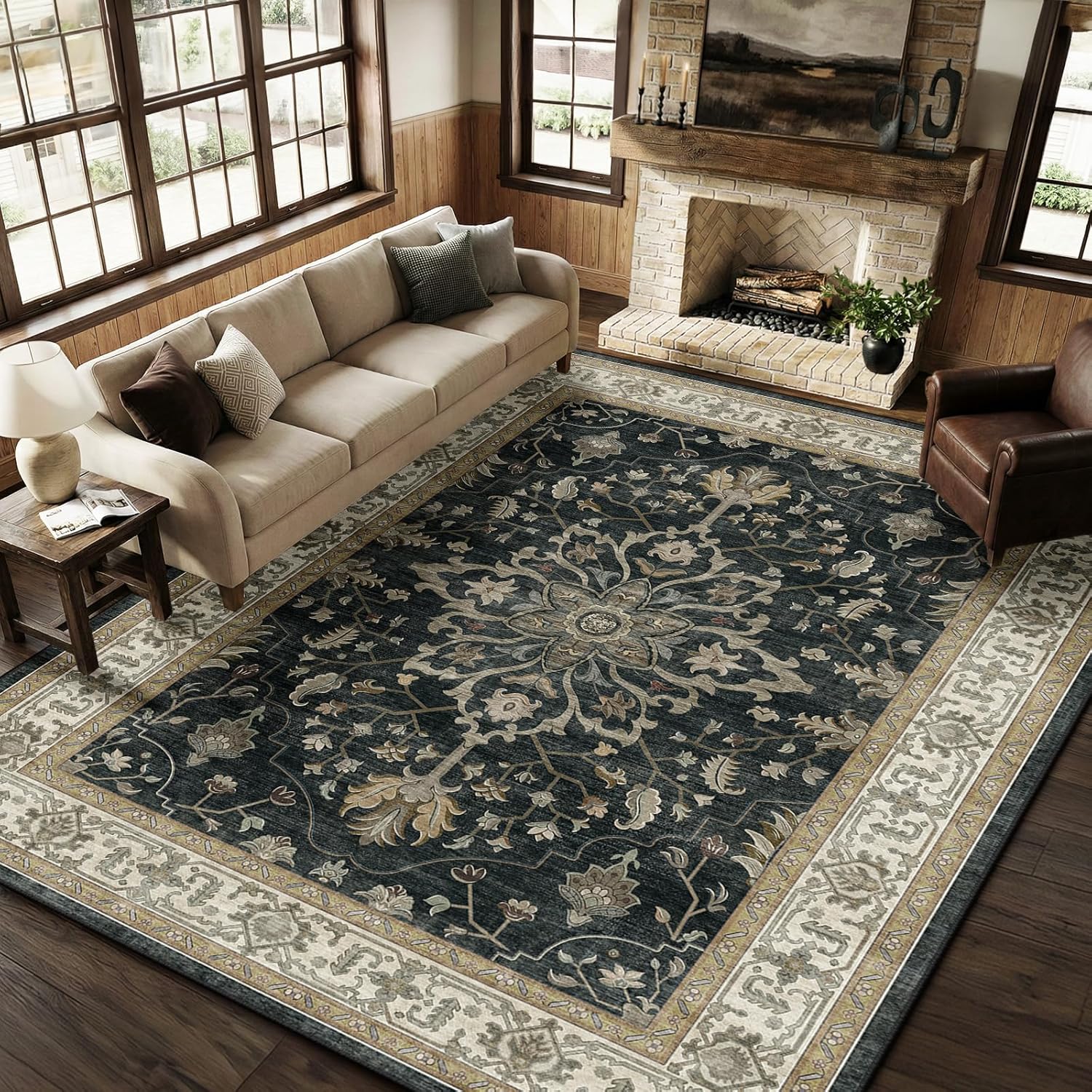 Area Rugs 8'x10' Washable Non-Slip, Floral Vintage Distress Print Pattern Medallion Carpet for Living Room Bedroom Dining Room, Vintage Black Brown Neutral