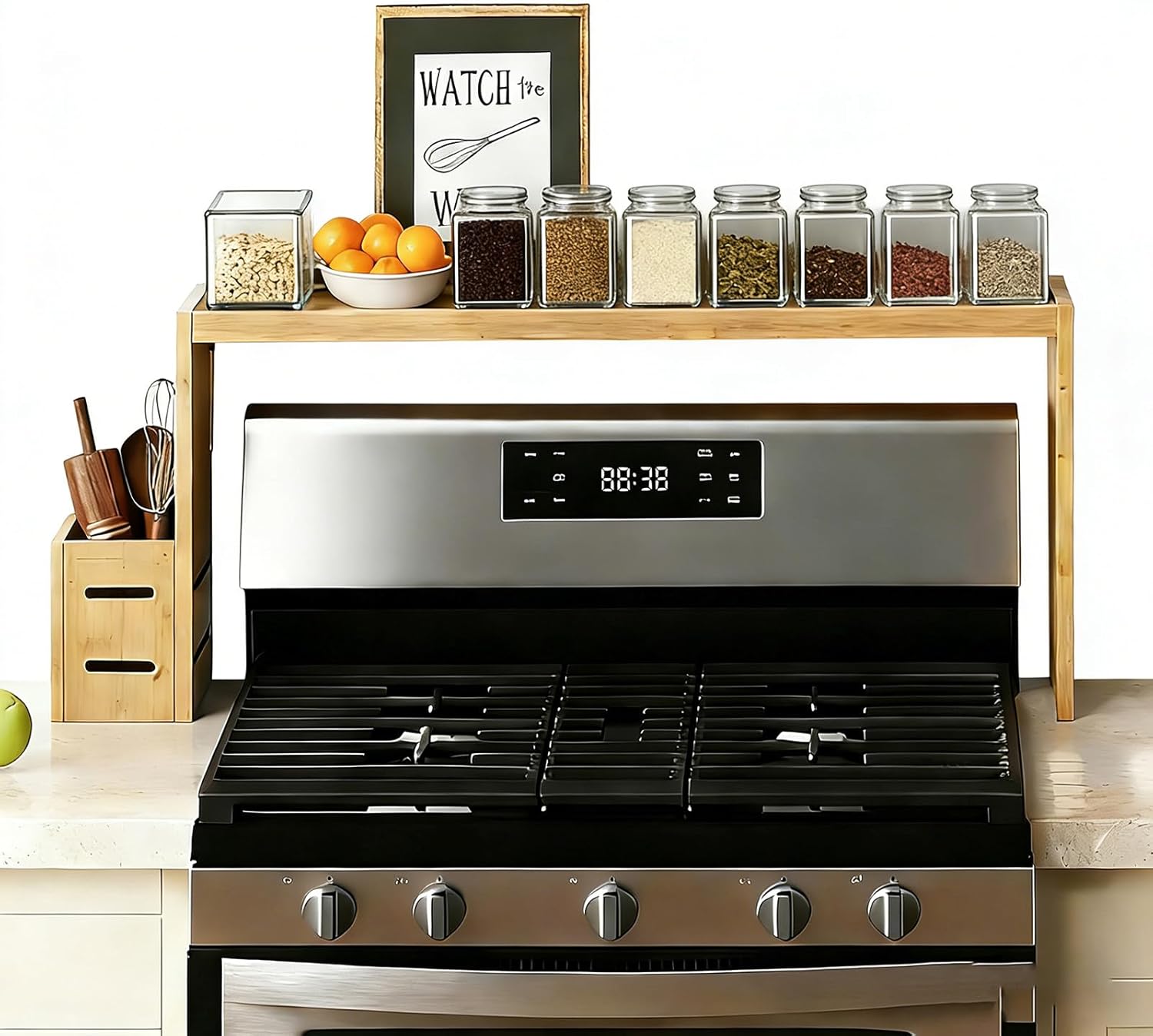 Over The Stove Shelf Wooden,Bamboo Spice Rack for Above the Kitchen Hob,31.5-inch Spice Storage Rack,Height-Adjustable, 50-pound Weight Capacity, Easy to Assemble (Wood colour)