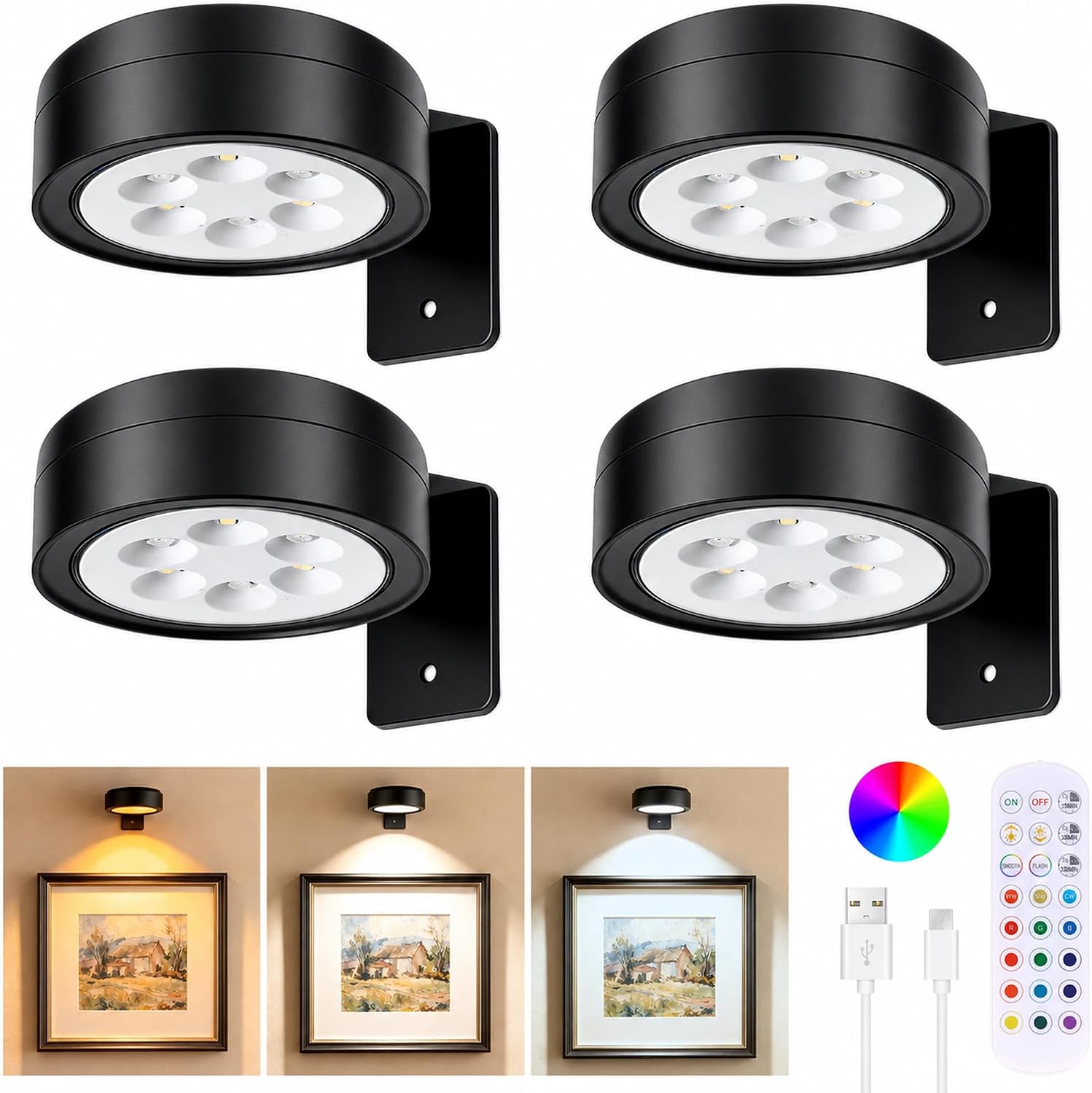 4-Pack Picture Lights for Wall, Rechargeable Wireless Poster Lights with 3 CCT & 12 RGB, Magnetic Painting Lights with Remote(Dimmable＆Timer), LED Art Display Light for Frame, Gallery, Wall Decor
