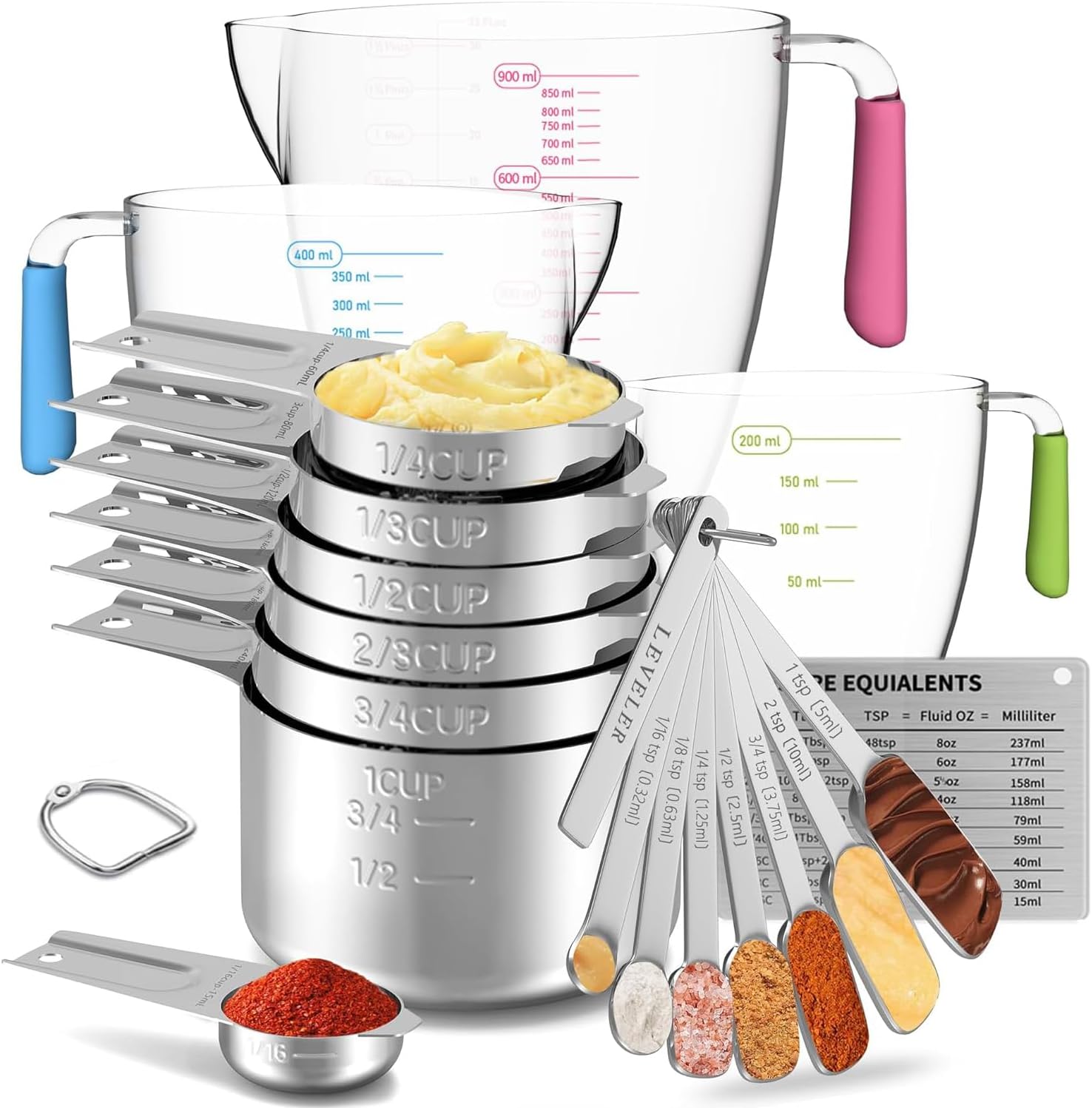 Stainless Steel Measuring Cups and Spoons Set, 6 Stainless Steel Measuring Cups, 7 Measuring Spoons & 1 Leveler, 3 Plastic Measuring Cup with 1 Measuring Conversion Chart