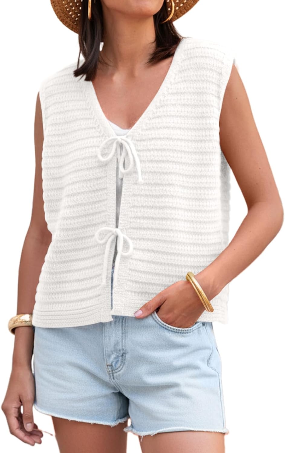 Sweater Vest Women Lightweight Cable Knit Cardigans Vest Tie Front Bow V Neck Solid Knitwear White