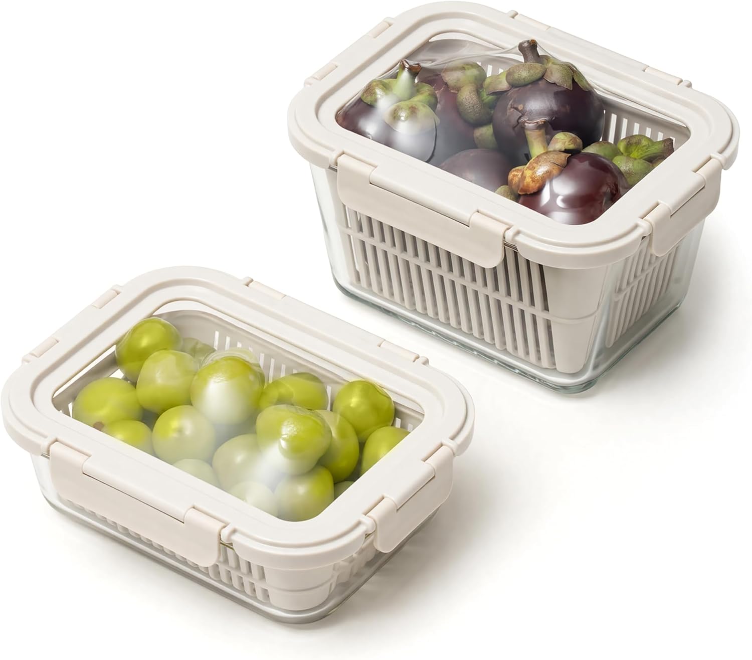 GENICOOK Glass Produce Storage Containers for Fridge, 2-Pack – Airtight Fruit & Vegetable Containers with Removable Colanders, Flexible Silicone Lids,LeakProof, BPA-Free Borosilicate Glass