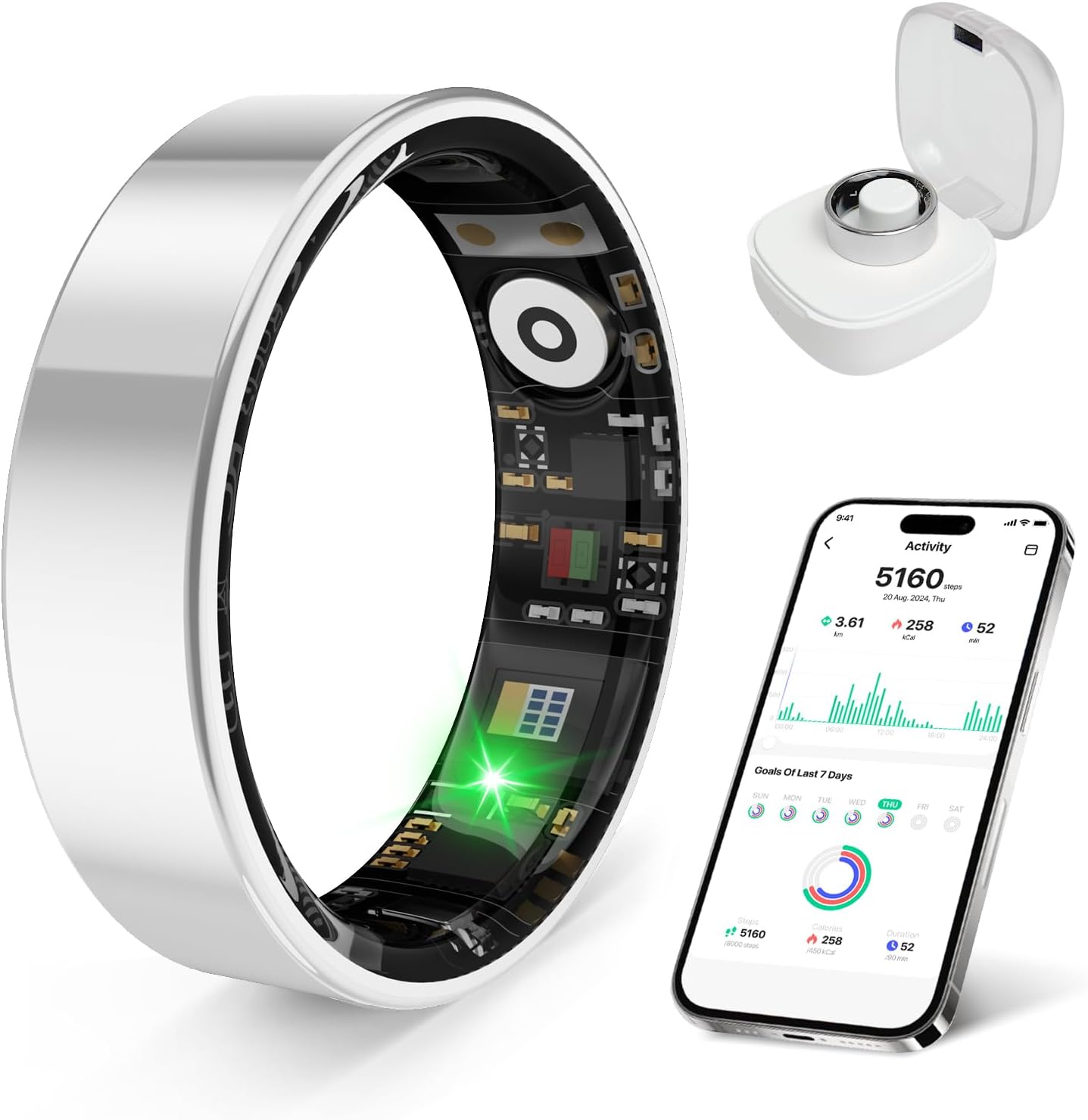 prxxhri Smart Health Ring, Featuring Stress and Sleep Monitoring Functions, Compatible with iOS and Android,Waterproof Fitness Tracker for Women & Men, No Subscription Fee. (Silver, 11)