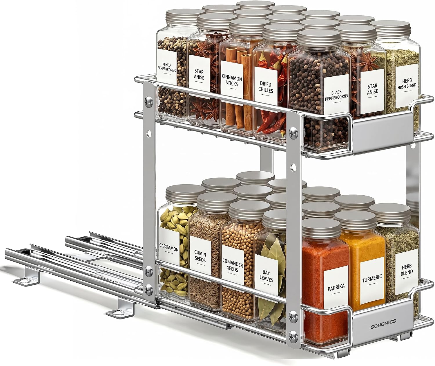 SONGMICS 2 Tier Pull Out Spice Rack for inside Cabinets, Organizer, Steel