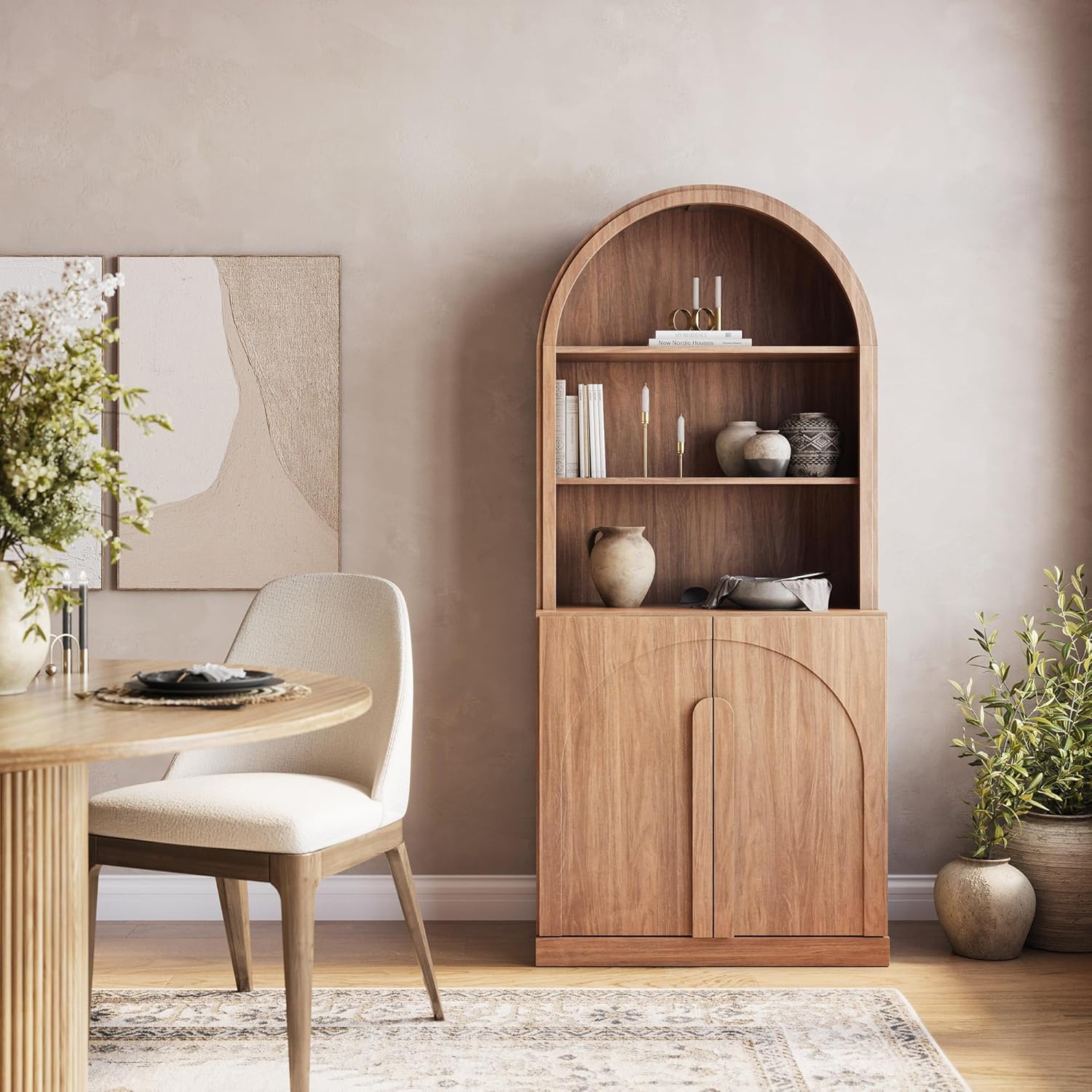 BELLEZE Arched Bookshelf with Storage, 71" Tall Wood Curio Display Cabinet with Adjustable Shelf, 5 Tier Modern Bookcase Shelf with Door for Living Room Office, Camel