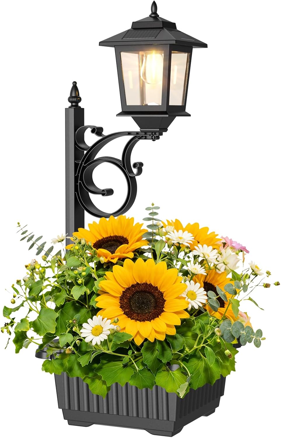 Outdoor Flower Pots 2 in 1, Solar Post Lamps Waterproof, Solar Lamp Post Lights, Wall Mount or Freestanding, Outdoor Decorative Lamp for Garden, Patio, Front Porch, Back Door, Warm White
