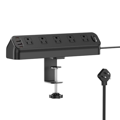 Desk Clamp Power Strip 6FT, Desk Edge Mount Extension Cord with 10 Outlets, 20W Total Fast Charging Station, PD 20W USB C Ports, Fit 1.96" Tabletop Edge
