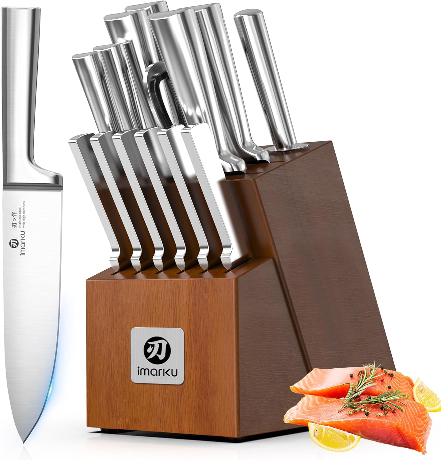 15-Piece Knife Block Set Built-in Sharpener, Japanese High Carbon Stainless Steel Kitchen Knife Set, Dishwasher Safe, Chef Knife Set with Wooden Knife Block, Steak Knives for Kitchen Cooking