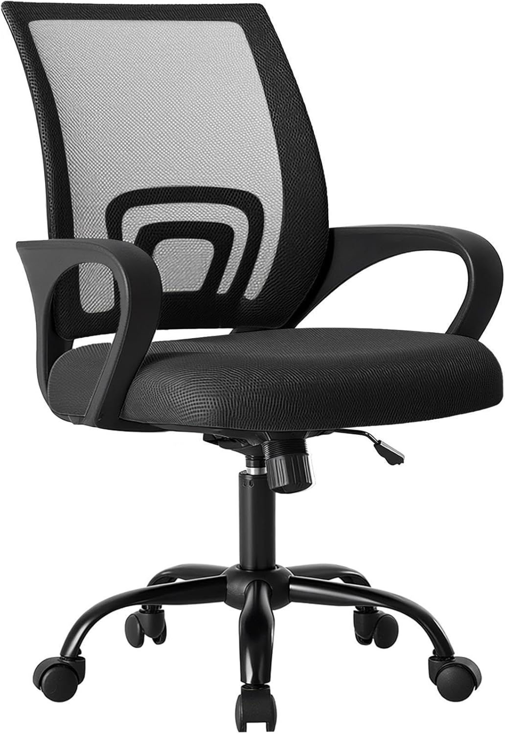Office Desk Chair - Ergonomic Mid Back with Lumbar Support & Rocking Mode, Height Adjustable with Fixed Armrest, Storage Back for Computer, Gaming, Conference, Meeting, 360° Swivel, Black