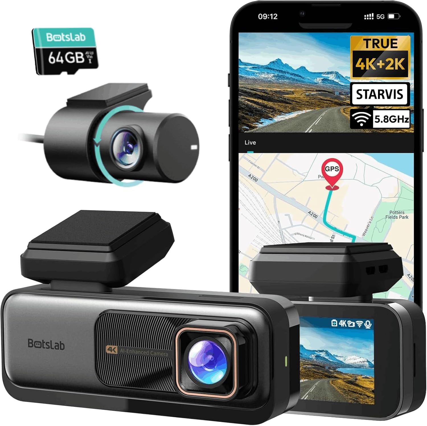 BOTSLAB G980H 4K STARVIS Dash Cam Front and Rear, 64GB Card[2026 Upgraded] | 5.8GHz WiFi, Superior WDR Night Vision, 24H Parking Mode, ADAS, App Control, Built-in GPS, Loop Recording, Supercapacitor