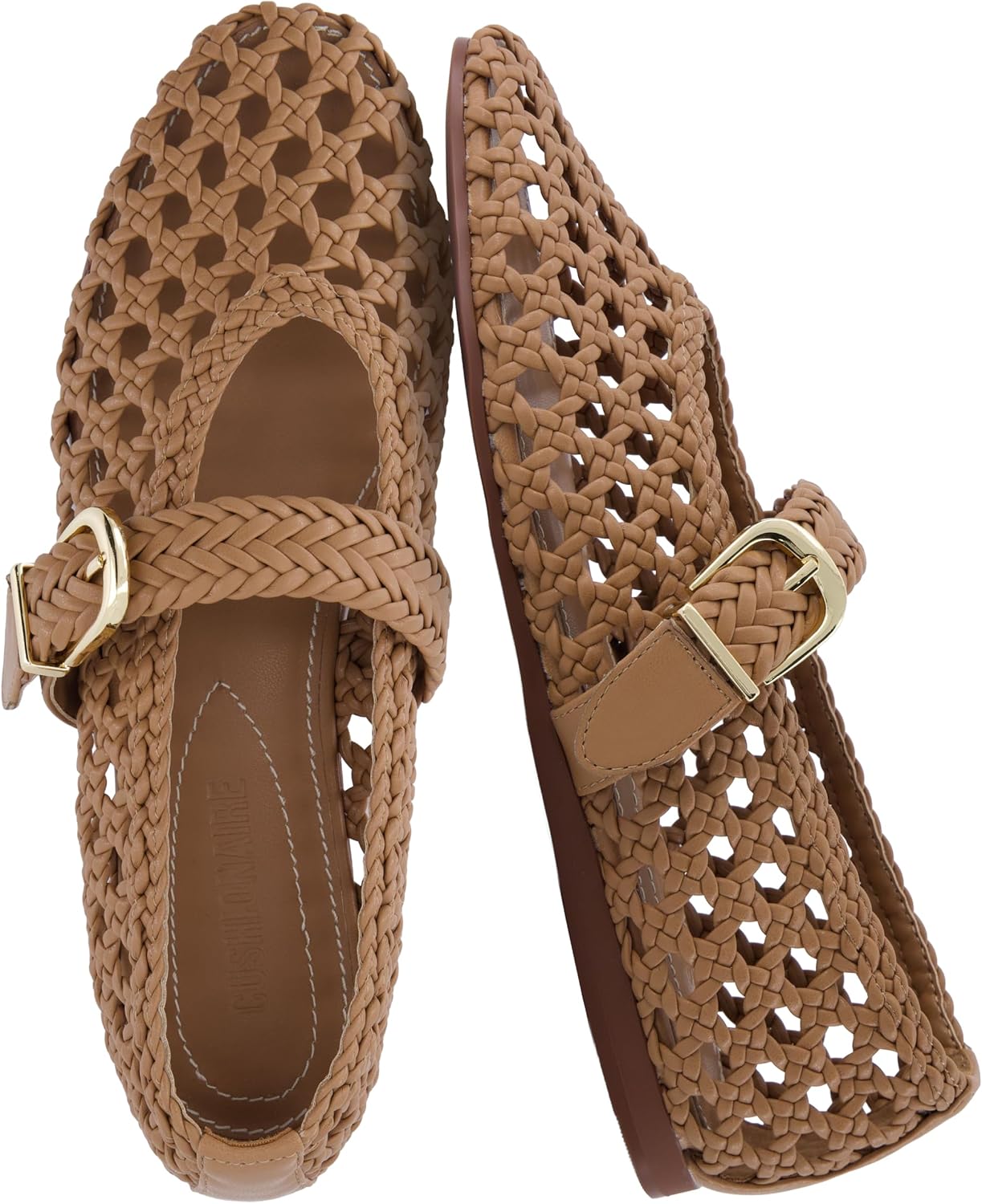 CUSHIONAIRE Wit Hand Woven Womens Flats, Comfortable Mary Jane Ballet Flat with Adjustable Buckle Braided Strap and Cushioned Memory Foam, LATTE 8.5