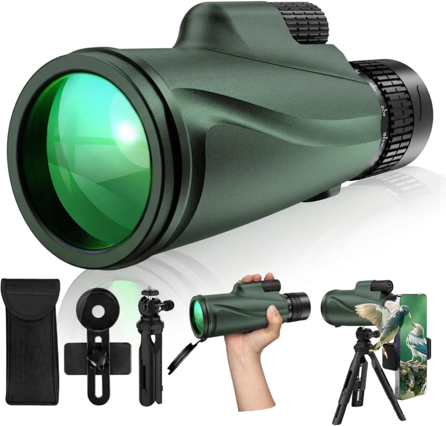 Monocular Telescope 80x100, Wide Field HD Monoculars for Adults with Tripod & Phone Adapter, Perfect for Bird Watching, Hunting, Hiking & Outdoor Activities -Green