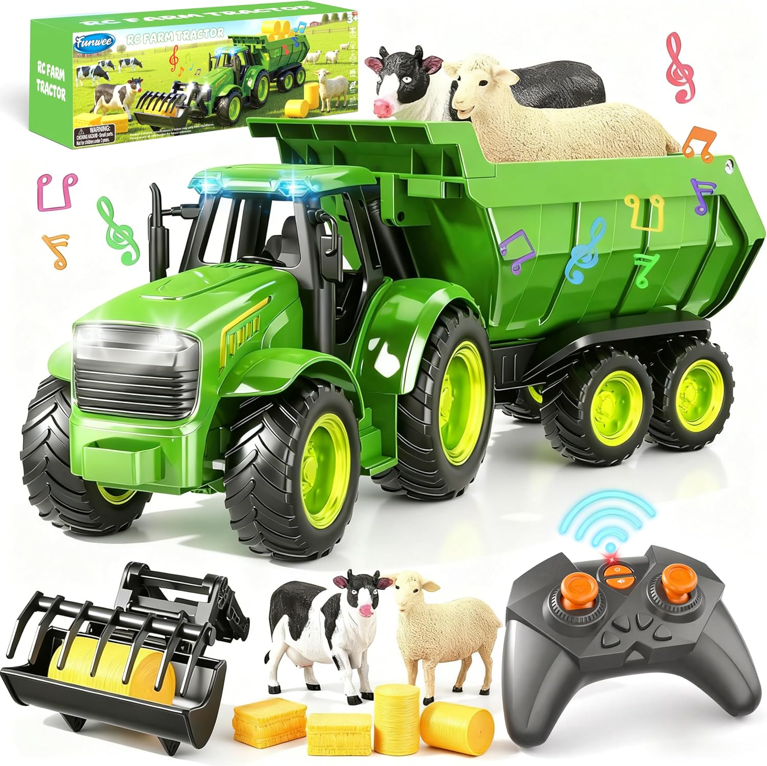 RC Farm Tractor Toy w/ Light & Music, Includes Loader, Trailer & Animals