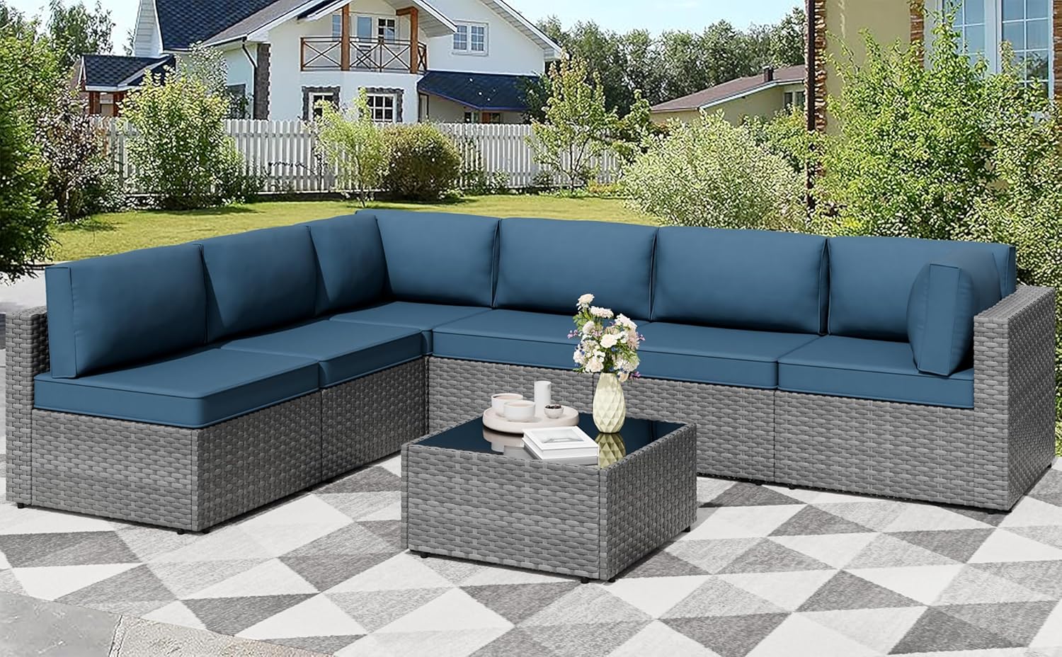 7 Pieces Outdoor Patio Furniture Sets, Patio Sectional Sofa Couch, Gray PE Wicker Furniture Modular Patio Conversation Sets Patio Sofa with Washable Cushions, Aegean Blue