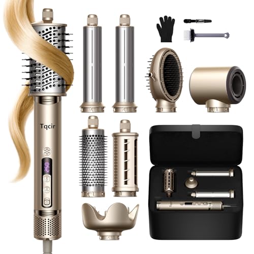 Tqcir 8 in 1 Hot Air Styler, Powerful Hair Dryer Brush with AutoWrap Curler | Anti-Frizz Blow Dryer for Fast Drying Curling Straightening Volumizing, Adjustable Heat & Speed, Storage Case(Gold)