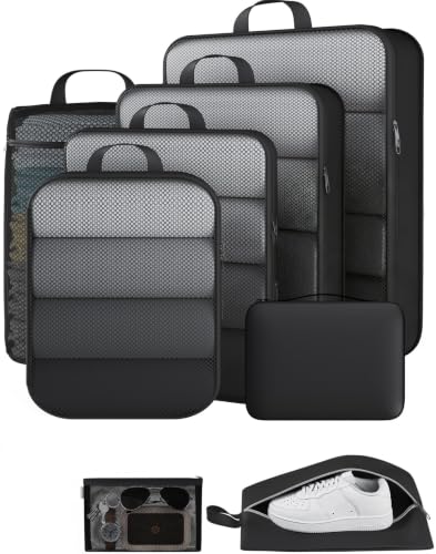 Veken 8 Set Compression Packing Cubes for Travel Essentials,Compressible Expandable Suitcase Organizer Bags for Clothing,Space Saver Bags with Over 1000 pcs of Mesh Holes(Black,Hanging Toiletry Bag)