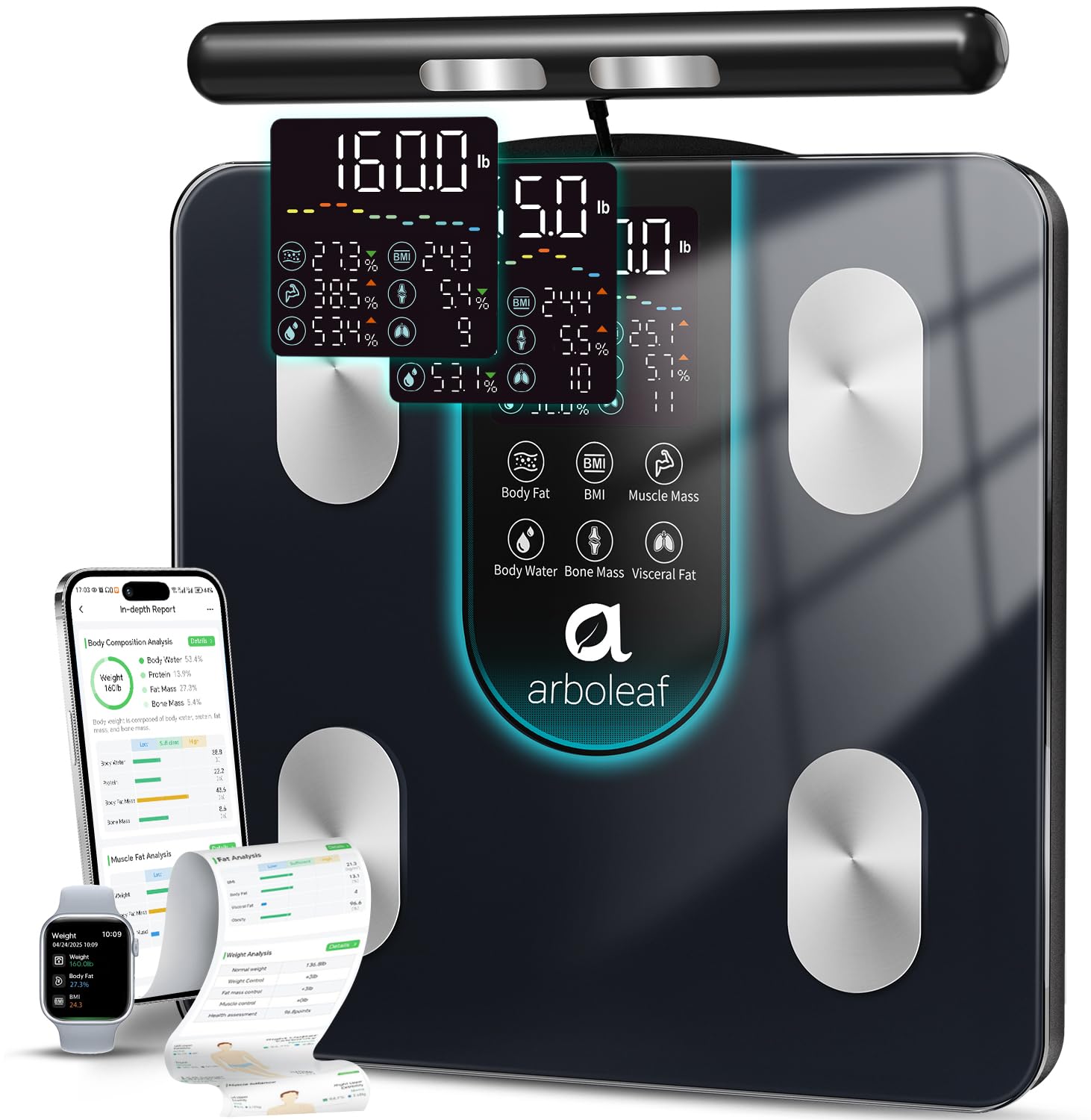 arboleaf Smart Scale for Body Weight, Dual-Frequency 8-Electrode BIA | 7-in-1 display shows key stats fast; App unlocks 50+ metrics, trend charts, family profiles, plus data syncing and reports