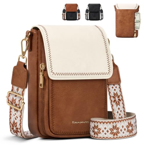RAINSMORE Small Crossbody Bag for Women,Cell Phone Purse with RFID Wallet | Fits Most Phones Up to 6.9",Triple Compartments & 5 Pockets,Soft Leather,Boho Adjustable Wide Strap for Travel & Everyday Use