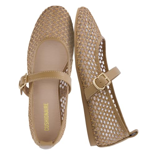 CUSHIONAIRE Gracie Mesh Mary Jane Flats for Women, Breathable Ballet Flats with Adjustable Buckle Strap and Memory Foam Cushioning, TAUPE 8